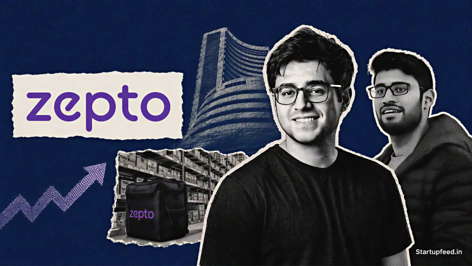 Zepto IPO 2026 editorial collage with founders Aadit Palicha and Kaivalya Vohra beside the official Zepto logo