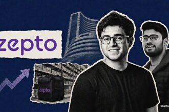Zepto IPO 2026 editorial collage with founders Aadit Palicha and Kaivalya Vohra beside the official Zepto logo