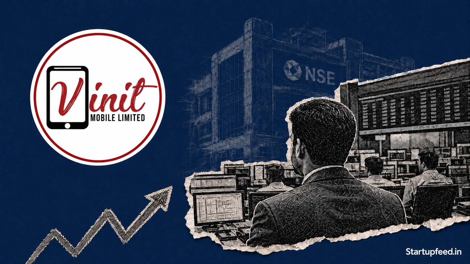 Vinit Mobile Shares List on NSE SME with company logo, stock-market collage and muted IPO debut mood