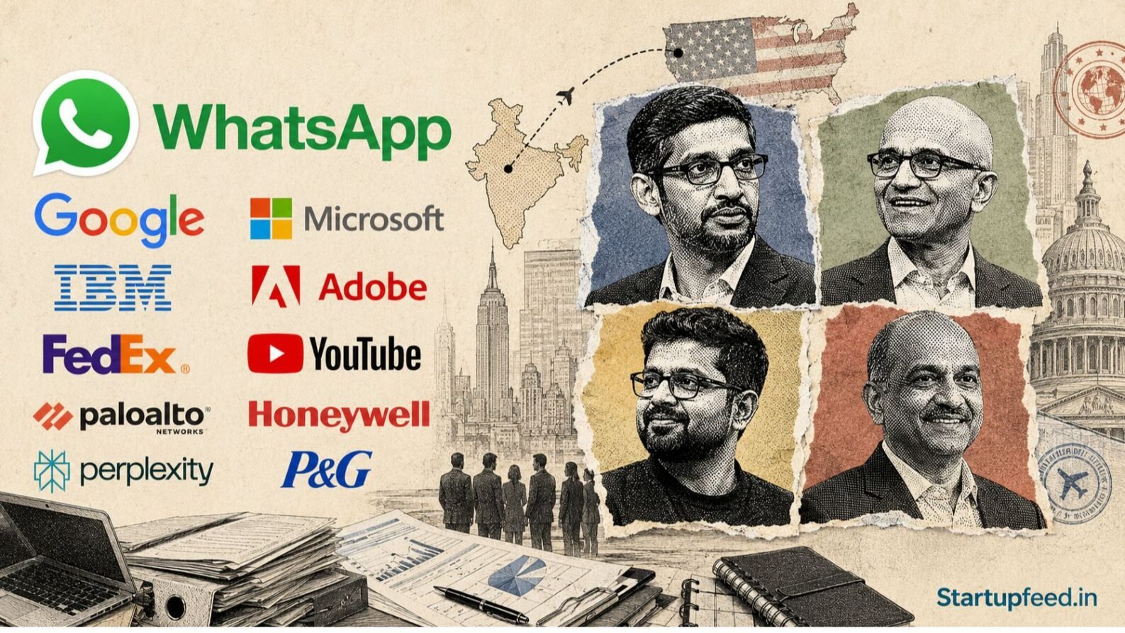 Indian Origin CEOs collage with Google, Microsoft, WhatsApp and Adobe leadership symbols across US business