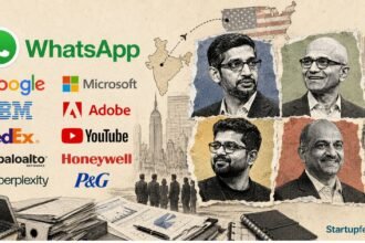 Indian Origin CEOs collage with Google, Microsoft, WhatsApp and Adobe leadership symbols across US business
