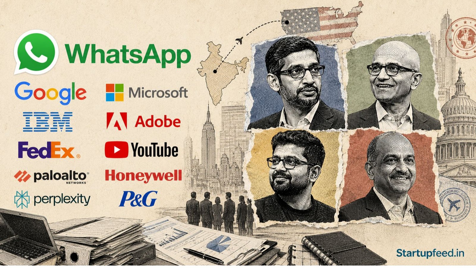 Indian Origin CEOs collage with Google, Microsoft, WhatsApp and Adobe leadership symbols across US business
