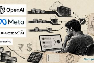 Cost-efficient AI models visualised through OpenAI, Meta and SpaceXAI logos, token-price symbols and a halftone enterprise computing scene