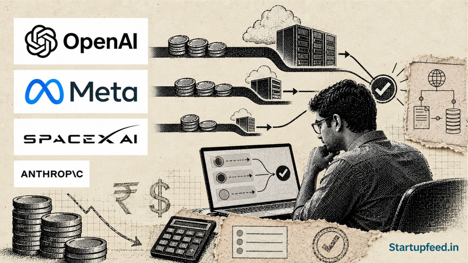 Cost-efficient AI models visualised through OpenAI, Meta and SpaceXAI logos, token-price symbols and a halftone enterprise computing scene