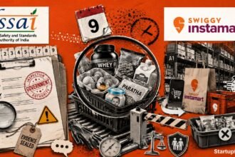 FSSAI notices to Swiggy Instamart shown with official logos, grocery products under inspection, a dark store, warning symbols and food-safety documents