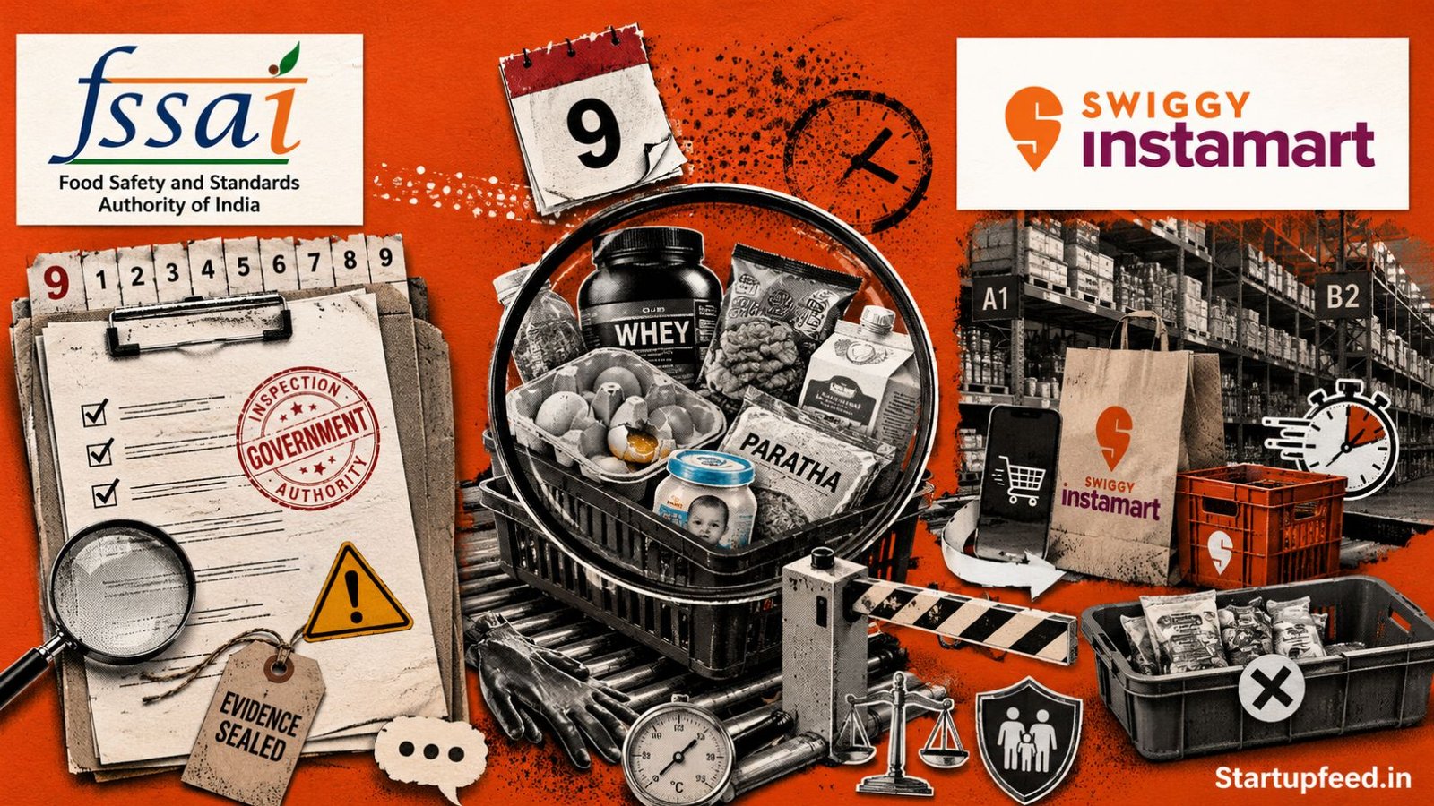 FSSAI notices to Swiggy Instamart shown with official logos, grocery products under inspection, a dark store, warning symbols and food-safety documents