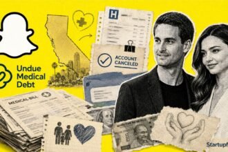 Snapchat CEO medical debt relief collage with Snap symbol, hospital bills and California family-aid documents