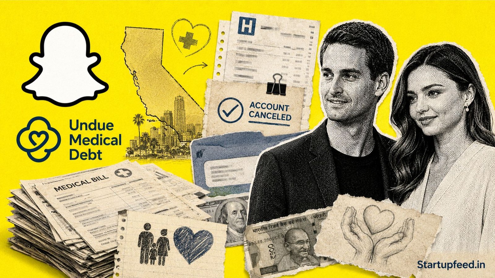 Snapchat CEO medical debt relief collage with Snap symbol, hospital bills and California family-aid documents