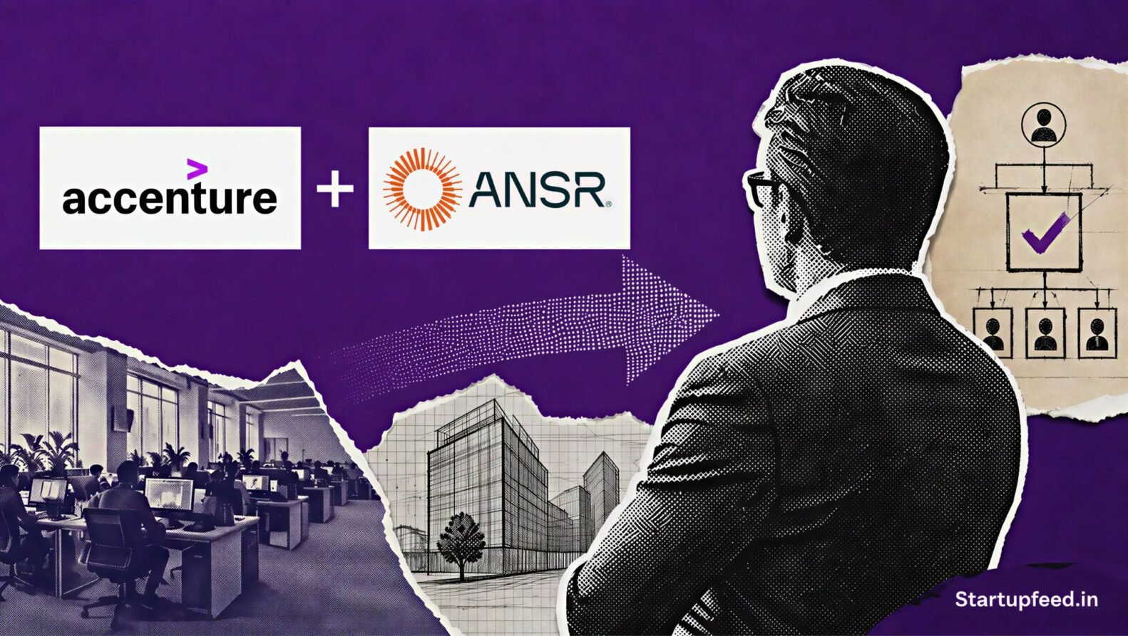 Accenture ANSR stake deal shown through official logos, a purple merger collage and a controlling-interest arrow motif
