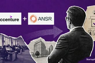 Accenture ANSR stake deal shown through official logos, a purple merger collage and a controlling-interest arrow motif