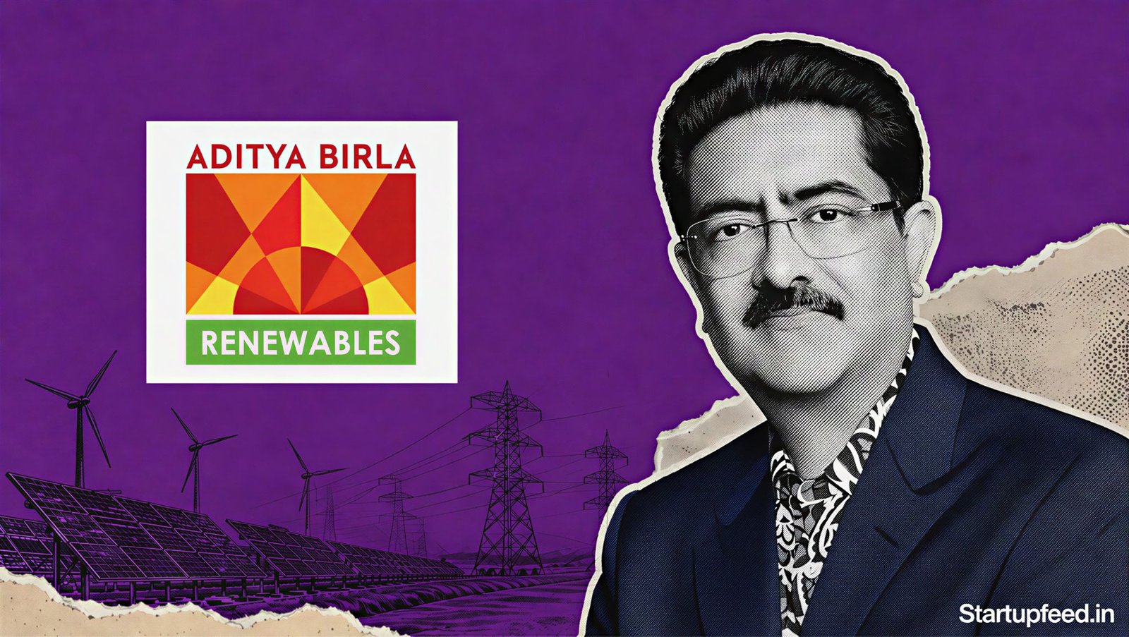 Kumar Mangalam Birla beside Aditya Birla Renewables Sprng Energy acquisition logos linked by a merger motif