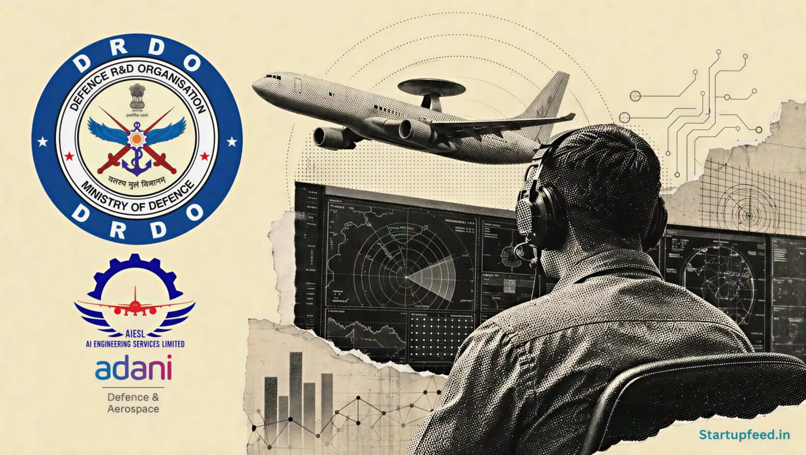 AEW&C MK-II contracts visualised through a halftone aerospace workstation, Airbus A321 silhouette, DRDO emblem, AIESL and Adani Defence logos