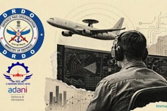 AEW&C MK-II contracts visualised through a halftone aerospace workstation, Airbus A321 silhouette, DRDO emblem, AIESL and Adani Defence logos