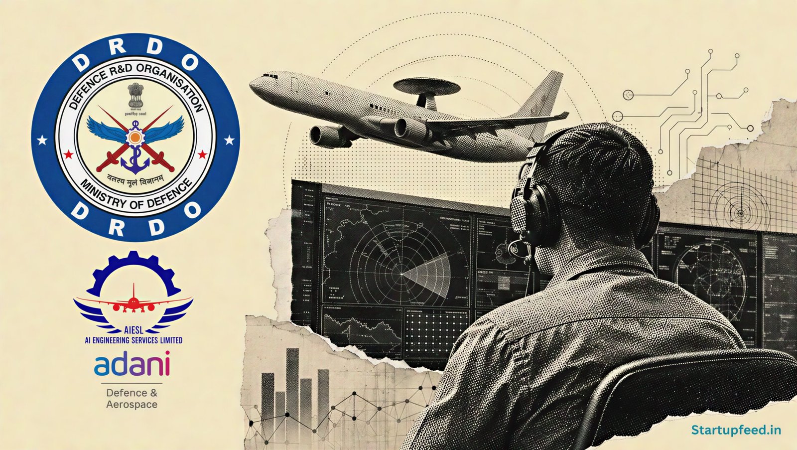 AEW&C MK-II contracts visualised through a halftone aerospace workstation, Airbus A321 silhouette, DRDO emblem, AIESL and Adani Defence logos