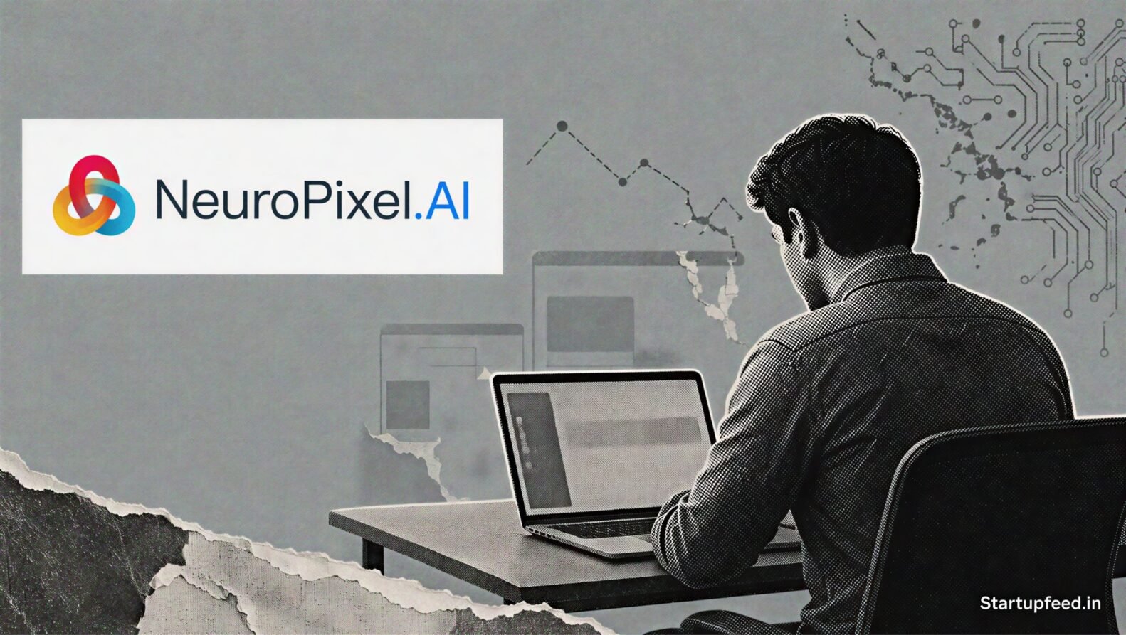 AI SaaS startup shutdowns visualised through a restrained halftone workspace with NeuroPixel.AI, Astra and subtl.ai logos