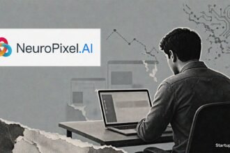 AI SaaS startup shutdowns visualised through a restrained halftone workspace with NeuroPixel.AI, Astra and subtl.ai logos