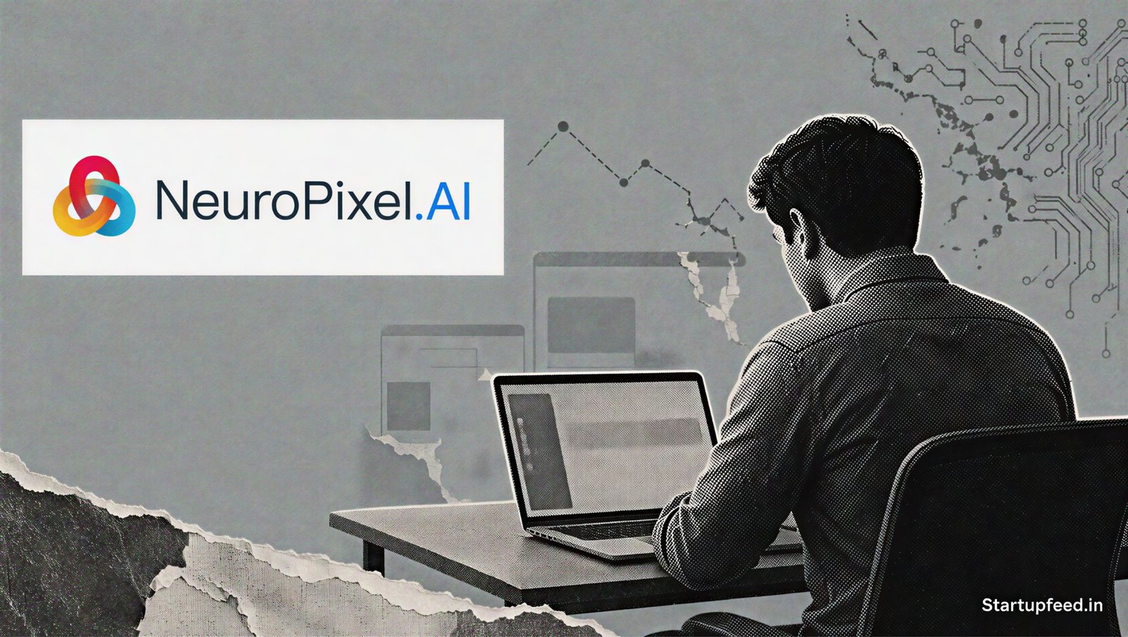 AI SaaS startup shutdowns visualised through a restrained halftone workspace with NeuroPixel.AI, Astra and subtl.ai logos
