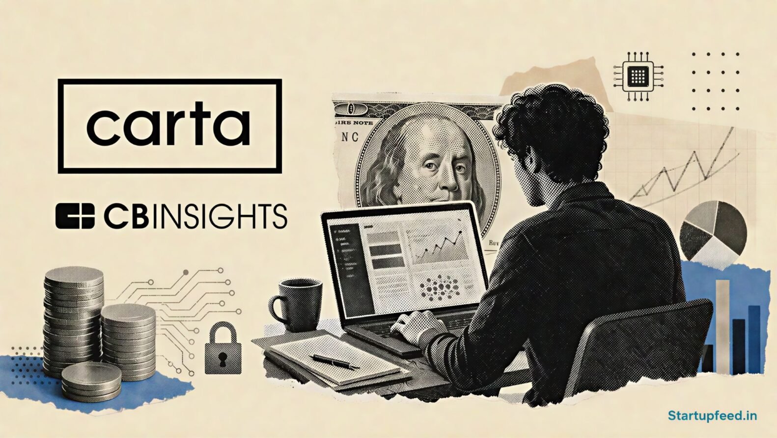 AI seed rounds double in a halftone investor desk collage with Carta and CB Insights data cues