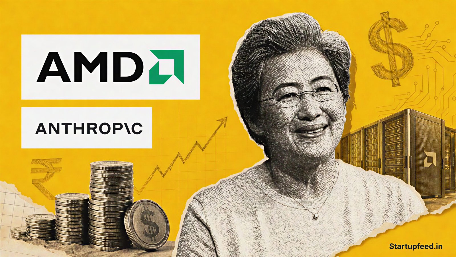 AMD Anthropic deal featuring Lisa Su with 2 GW AI compute, AMD and Anthropic logos, server racks and investment imagery