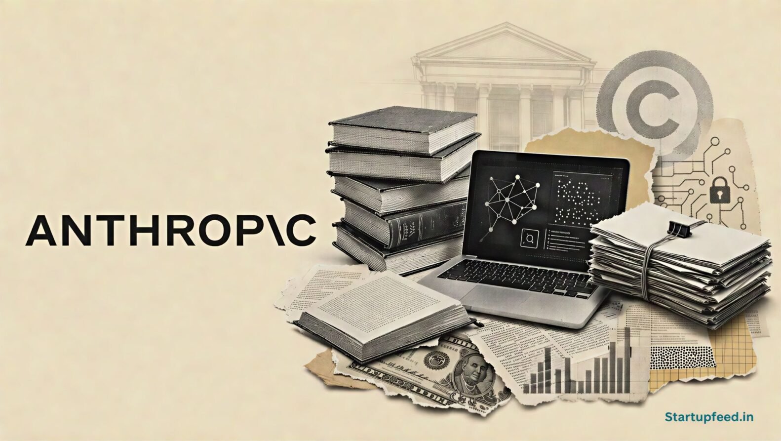 Anthropic copyright settlement visualised with the official logo, pirated book pages, legal documents and an AI-training computer