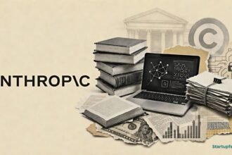 Anthropic copyright settlement visualised with the official logo, pirated book pages, legal documents and an AI-training computer