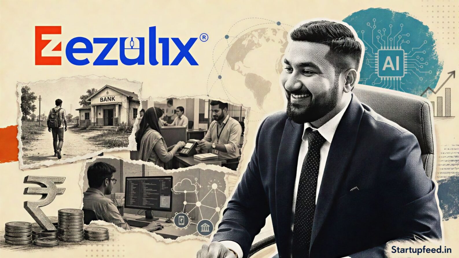 Arvind Saini, founder of Ezulix Software, beside a collage of digital service counters, fintech tools and practical AI automation