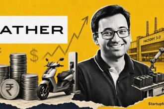 Ather Energy fundraise visual with CEO Tarun Mehta, official logo, stacked coins and electric scooter manufacturing elements