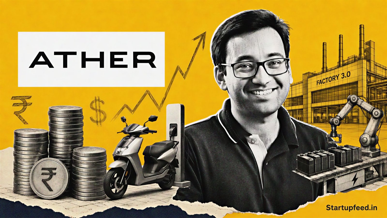Ather Energy fundraise visual with CEO Tarun Mehta, official logo, stacked coins and electric scooter manufacturing elements