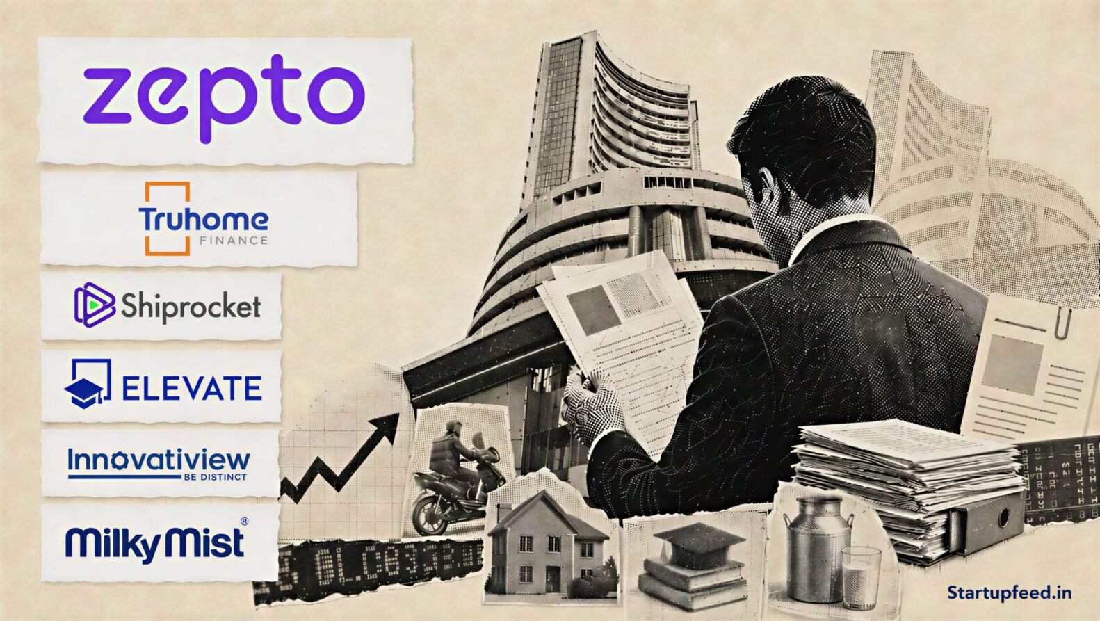 August 2026 IPO rush editorial collage featuring Zepto, Shiprocket and other major issuers against an Indian stock exchange backdrop