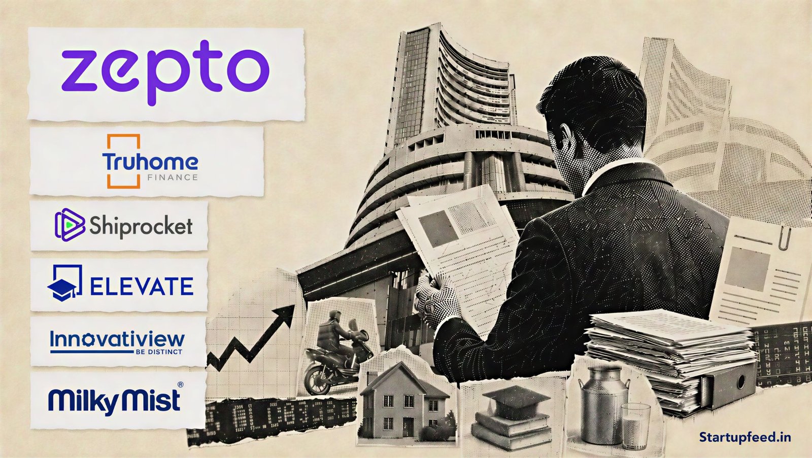 August 2026 IPO rush editorial collage featuring Zepto, Shiprocket and other major issuers against an Indian stock exchange backdrop