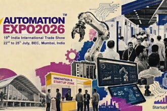 Automation Expo 2026 editorial collage with industrial robots, control-room screens, startup booths and Mumbai exhibition architecture