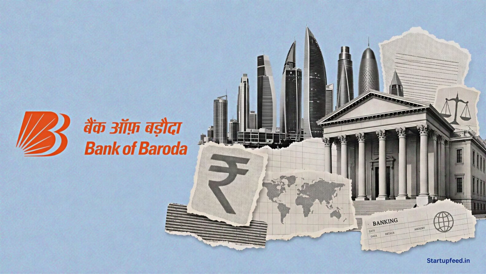 Bank of Baroda NMC Health settlement visual with official BoB logo, halftone Gulf financial district and legal document fragments