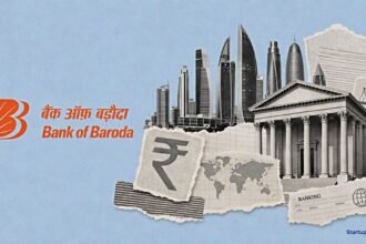 Bank of Baroda NMC Health settlement visual with official BoB logo, halftone Gulf financial district and legal document fragments