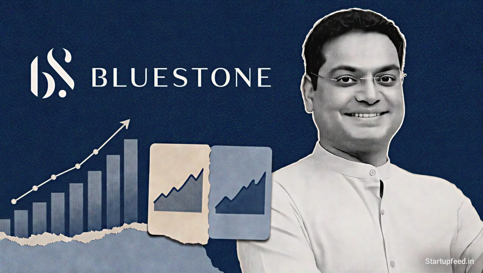 Gaurav Singh Kushwaha beside the BlueStone logo in a halftone collage illustrating BlueStone Q1 results and 49.6% revenue growth