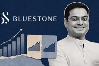 Gaurav Singh Kushwaha beside the BlueStone logo in a halftone collage illustrating BlueStone Q1 results and 49.6% revenue growth