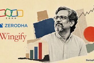 Bootstrapped startups Zoho, Zerodha and Wingify shown as an editorial collage highlighting India's profit-first software founders