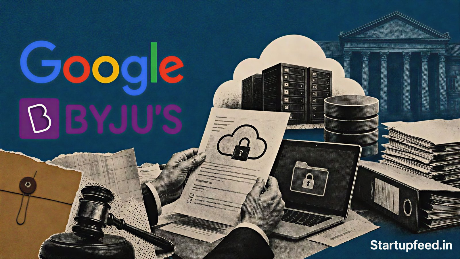 Byju's RP Google NCLT dispute highlighted with the Google logo and Think and Learn insolvency documents in an editorial collage
