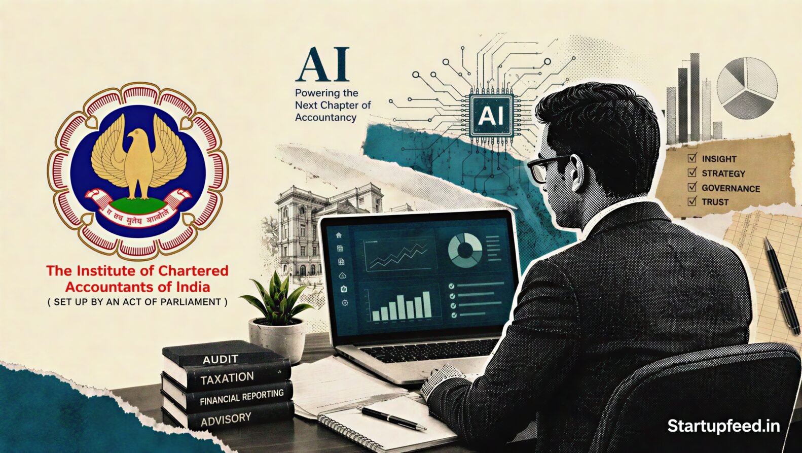 CA of the AI Era represented by a halftone accountant at a computer beside the official ICAI emblem