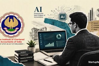 CA of the AI Era represented by a halftone accountant at a computer beside the official ICAI emblem