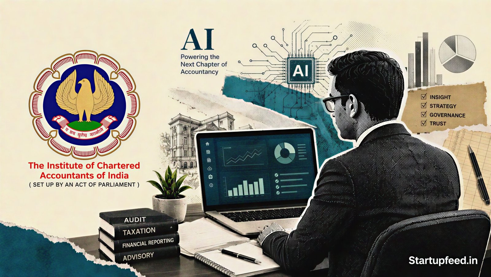 CA of the AI Era represented by a halftone accountant at a computer beside the official ICAI emblem