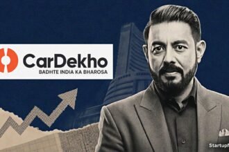 CarDekho IPO collage with Amit Jain halftone portrait, official logo, and BSE silhouette