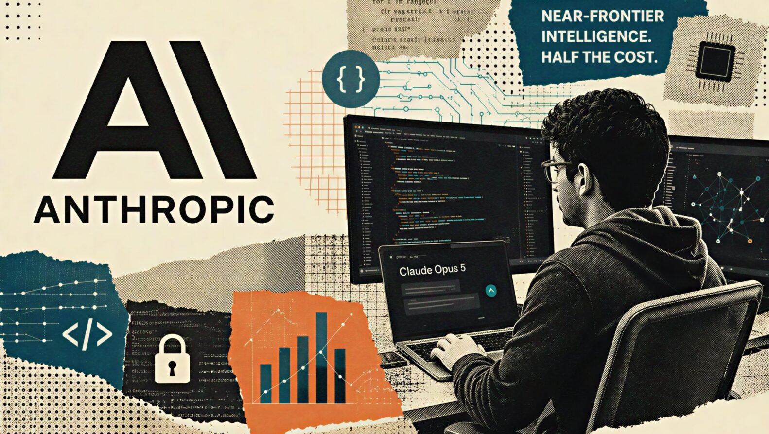 Claude Opus 5 launch illustrated with the Anthropic logo, coding interface elements, and AI workflow graphics highlighting lower-cost frontier AI capabilities