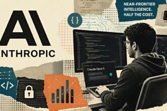 Claude Opus 5 launch illustrated with the Anthropic logo, coding interface elements, and AI workflow graphics highlighting lower-cost frontier AI capabilities
