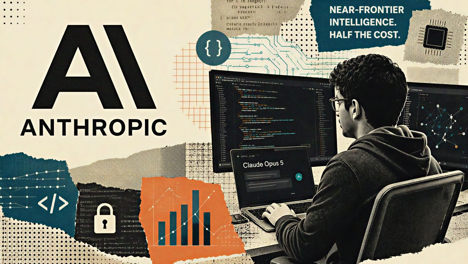 Claude Opus 5 launch illustrated with the Anthropic logo, coding interface elements, and AI workflow graphics highlighting lower-cost frontier AI capabilities