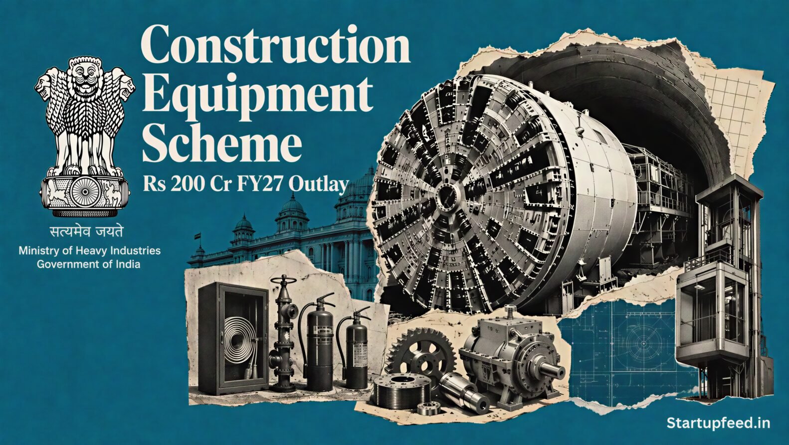 Construction equipment scheme editorial collage with India’s official emblem, tunnel-boring machinery, lifts and fire-fighting equipment