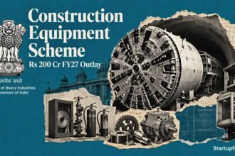 Construction equipment scheme editorial collage with India’s official emblem, tunnel-boring machinery, lifts and fire-fighting equipment