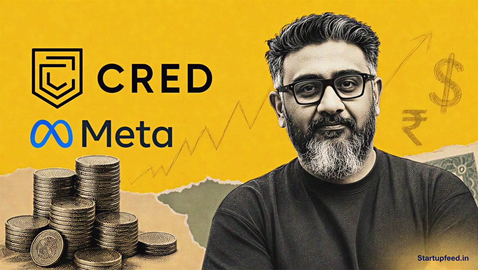 Kunal Shah beside CRED and Meta logos in an editorial collage illustrating the Cred Meta deal and investor secondary sale