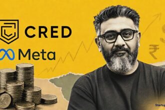 Kunal Shah beside CRED and Meta logos in an editorial collage illustrating the Cred Meta deal and investor secondary sale