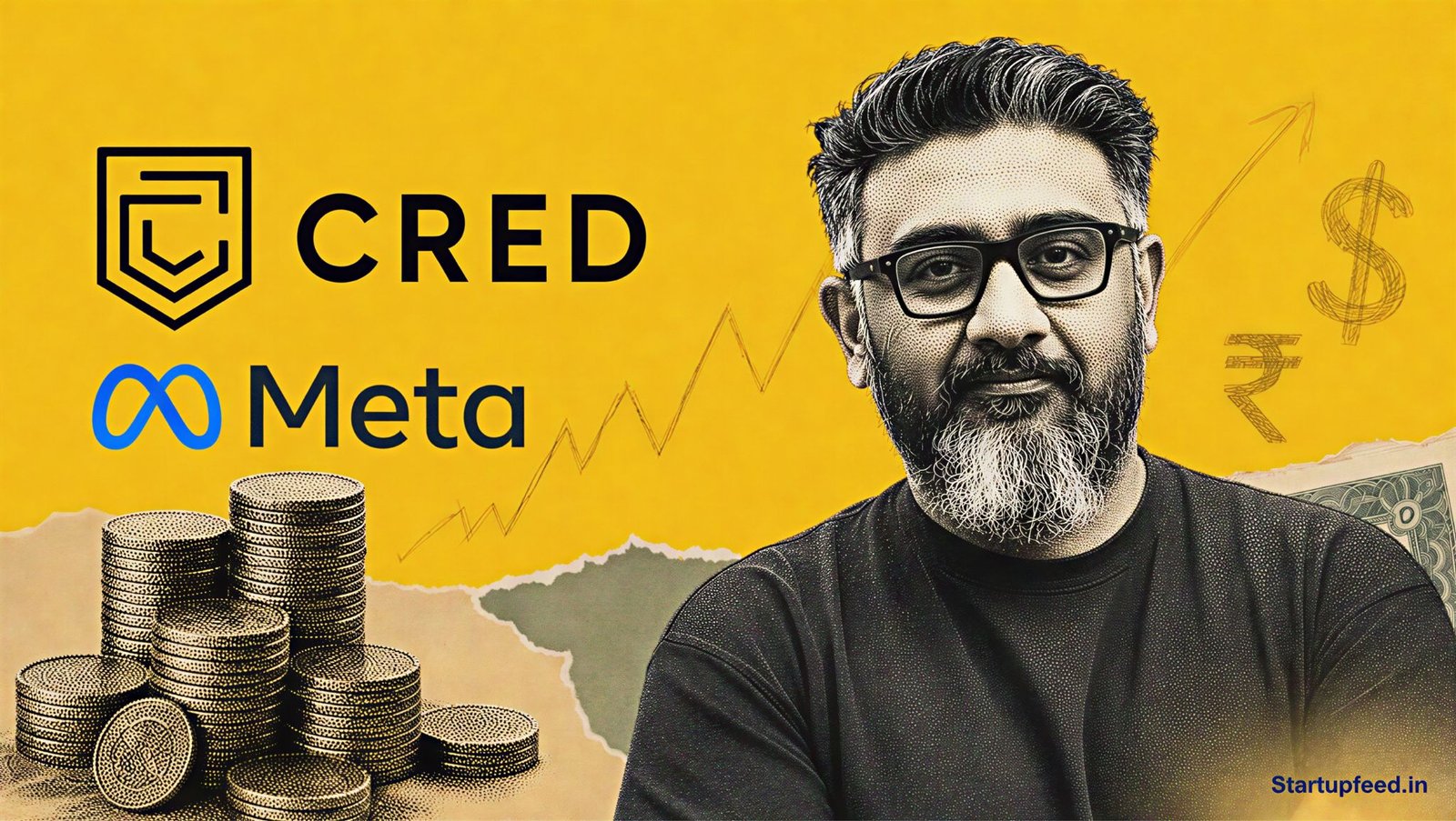 Kunal Shah beside CRED and Meta logos in an editorial collage illustrating the Cred Meta deal and investor secondary sale