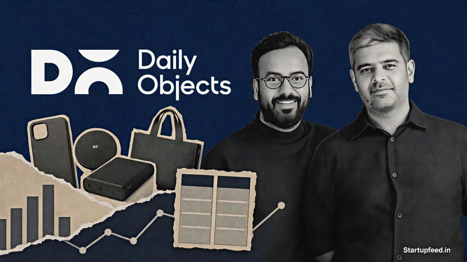 DailyObjects revenue visual with CEO Pankaj Garg, official logo and abstract FY26 growth charts